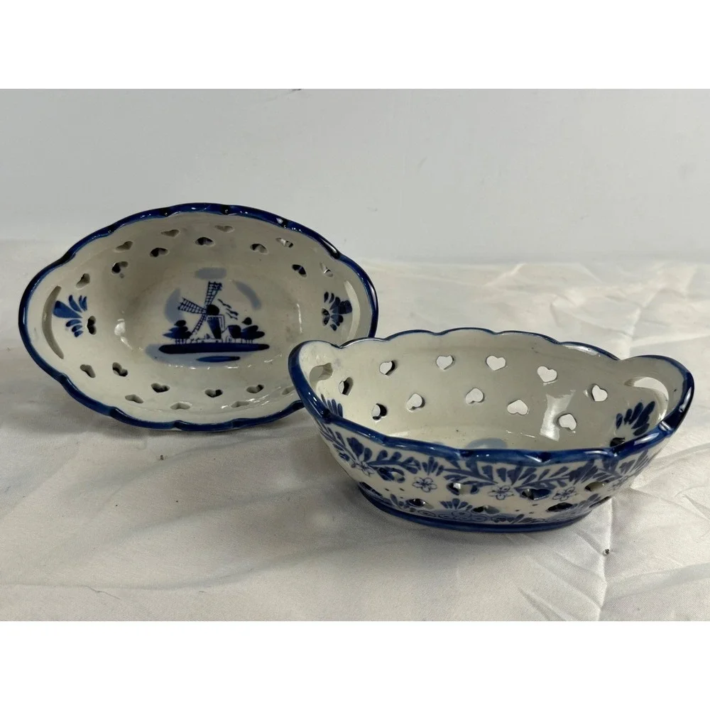 Vintage Delft Holland Ceramic Heart Cutout Windmill Nut Candy Bowls Set of 2